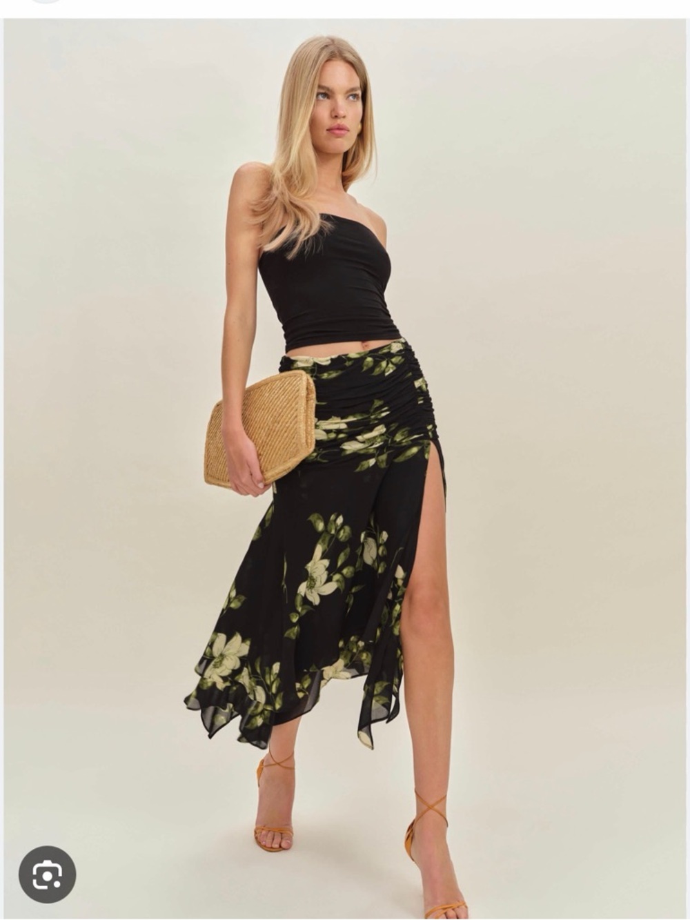 Reformation Black Floral Asymmetrical Ruched Side-Slit Skirt NWT